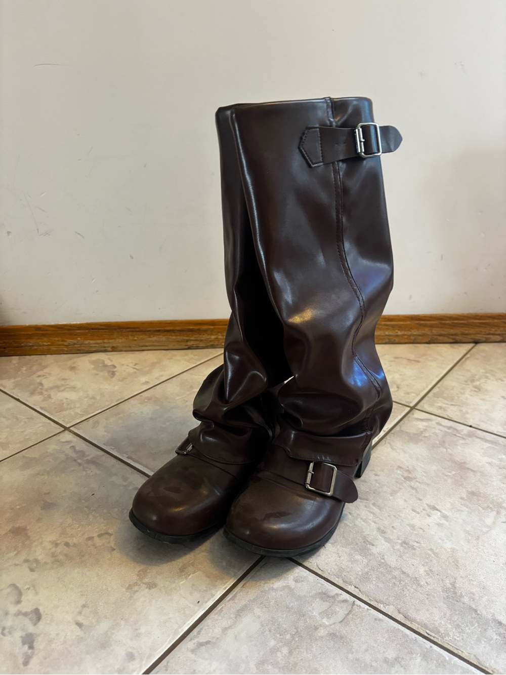 Classic Brown Leather Mid-Calf Foldover Women's Boots